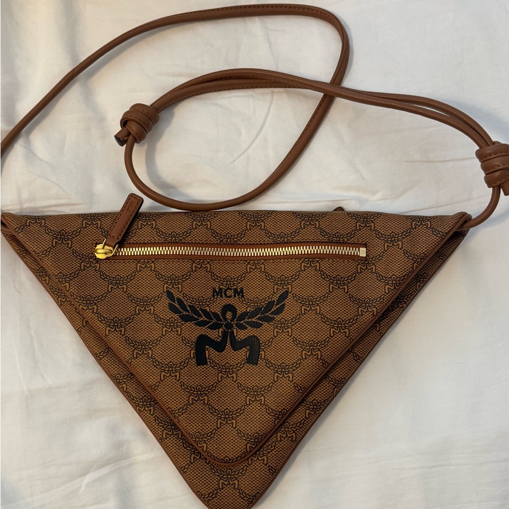 MCM Tan Triangle Crossbody with Gold Accents